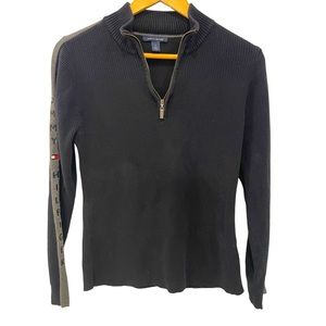 Tommy Hilfiger Women Fitted 1/4 Zip Vintage Sweater Medium Logo On Sleeve